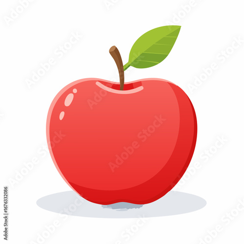 A vibrant, cartoon-style illustration of a red apple with a brown stem and a single green leaf, casting a soft shadow.
