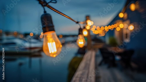 Outdoor string lights illuminating a waterfront patio at dusk