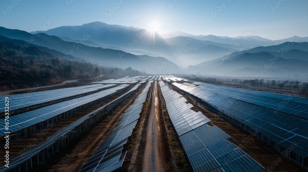 Fototapeta premium Vibrant Mountain Solar Farm: Rows of Panels Under Clear Sky