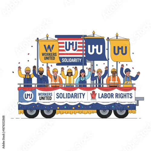 Union workers' parade float celebrating labor rights and solidarity.