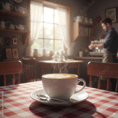 Steaming latte in a white cup with heart art on a checkered tablecloth in a cozy café