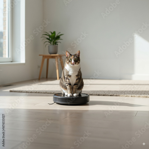 Curious cat with attentive mood sitting on a robot vacuum cleaner in a bright living room