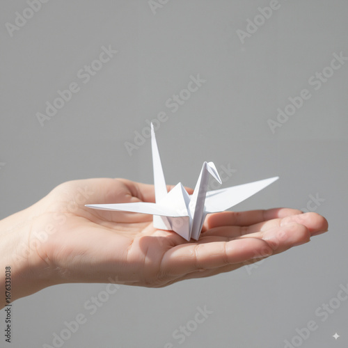 White origami crane held in a hand against a neutral background