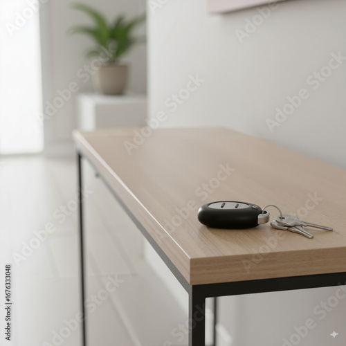 Car key fob with keys on a wooden console table in a minimalist interior with copy space
