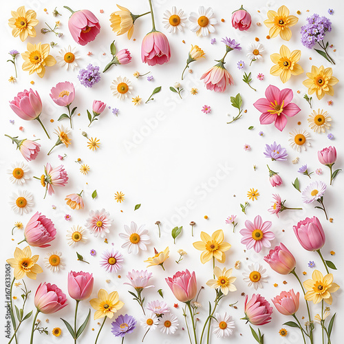Colorful spring flowers arranged in a heart shape on a white background with copy space
