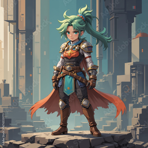 Determined young female warrior in futuristic armor with a serious mood standing against a cyberpunk cityscape background