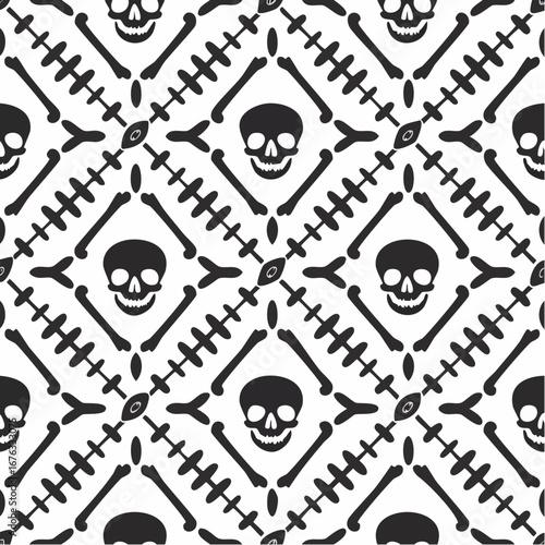 Spooky seamless pattern featuring grinning skulls and crossed bones arranged in a diagonal grid, perfect for Halloween celebrations and gothic designs
