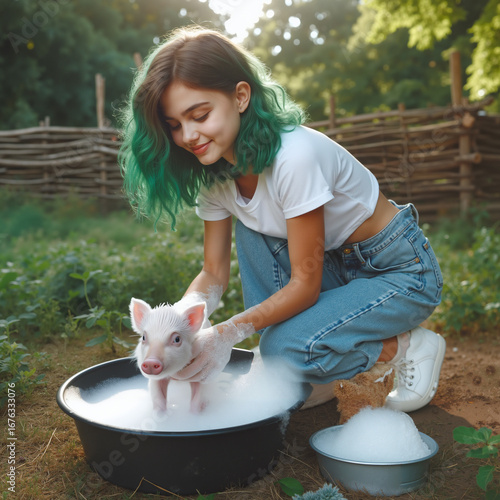 Smiling young woman with green hair happily washing a piglet in a tub outdoors against a garden background