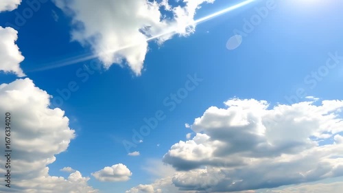 Vibrant Blue Sky with Fluffy White Clouds and Radiant Sun