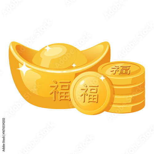 Large golden ingot with embossed prosperity symbol representing wealth, fortune, and success in Chinese New Year tradition.
