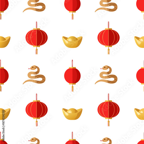 Seamless festive pattern with red lanterns, golden ingots, and zodiac snake elements for Chinese New Year decoration.