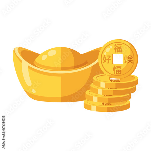 Shiny golden ingot with stacked coins representing prosperity, luck, and financial success in Chinese New Year tradition.