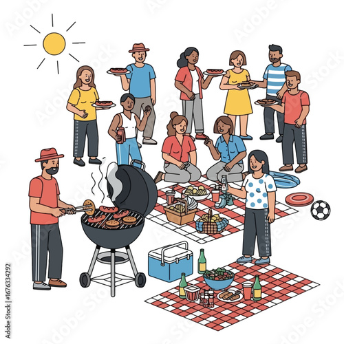 A diverse group of friends and family enjoy a sunny outdoor barbecue picnic together, grilling food and socializing in a park.