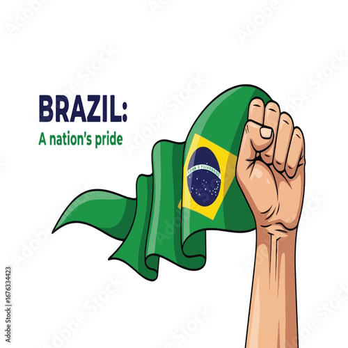 A strong fist holding a waving Brazilian flag with the text 'BRAZIL: A nation's pride' on a white background, symbolizing patriotism and national pride.
