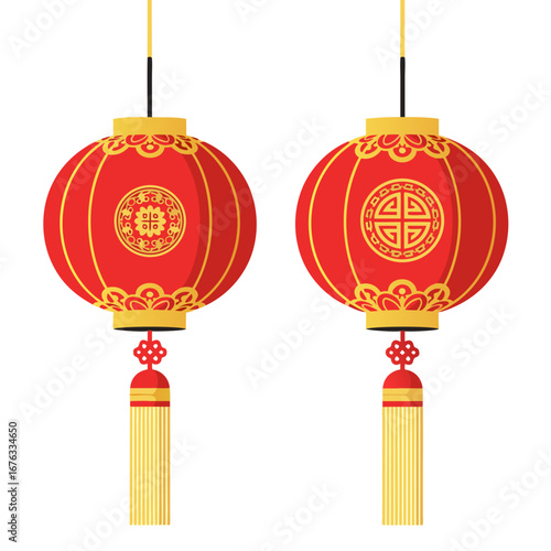 Decorative red and gold Chinese lanterns with coins for prosperity and New Year celebration.