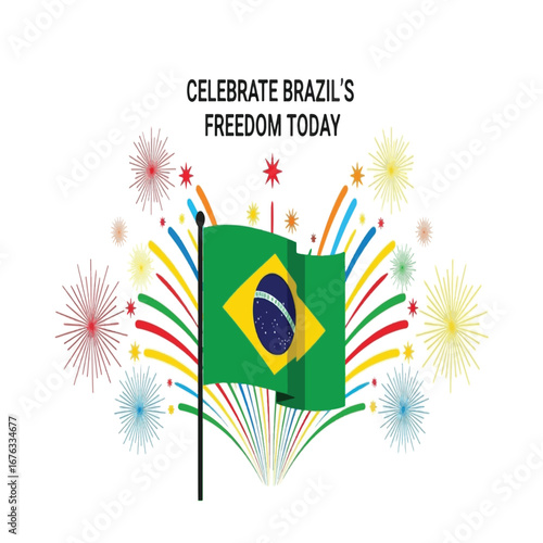 Brazilian flag waving in the wind with fireworks celebrating the country's freedom and independence day.