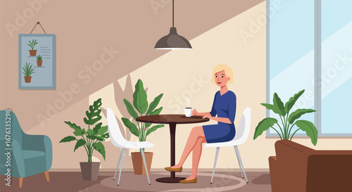 Relaxing coffee break: Stylized vector illustration of woman in office lounge
