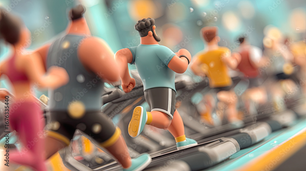custom made wallpaper toronto digitalAnimated characters run on treadmills in stylized gym with blurred blue background - Generated with AI