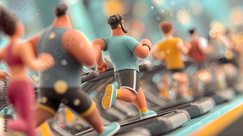 Wallpaper Mural Animated characters run on treadmills in stylized gym with blurred blue background - Generated with AI Torontodigital.ca