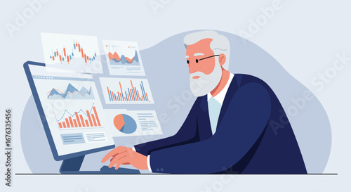 Senior professional meticulously analyzes financial data on a computer monitor