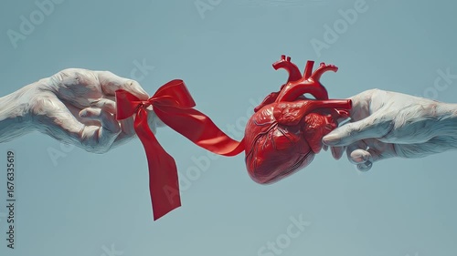 Heart held in hands, tied with ribbon