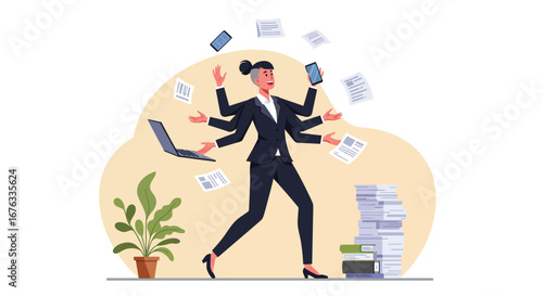 Businesswoman with multiple arms efficiently juggling diverse work tasks concept