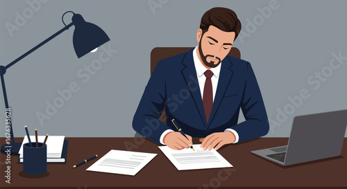 Focused professional executing agreement with signature at office workplace