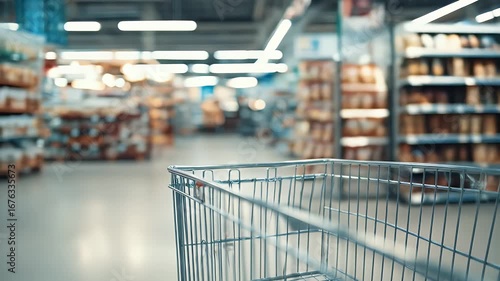 Empty shopping cart in a blurry supermarket (1)