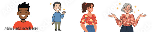 Diverse happy customers cartoon illustration in vector format on white background