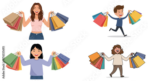 Cheerful shoppers happily carrying shopping bags on a clean white backdrop