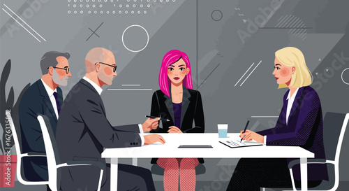 Stylish business meeting illustration with diverse professionals in a modern office