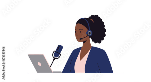 Professional woman leading a virtual conference with microphone and headset