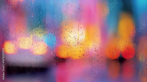 Rain-streaked window at night