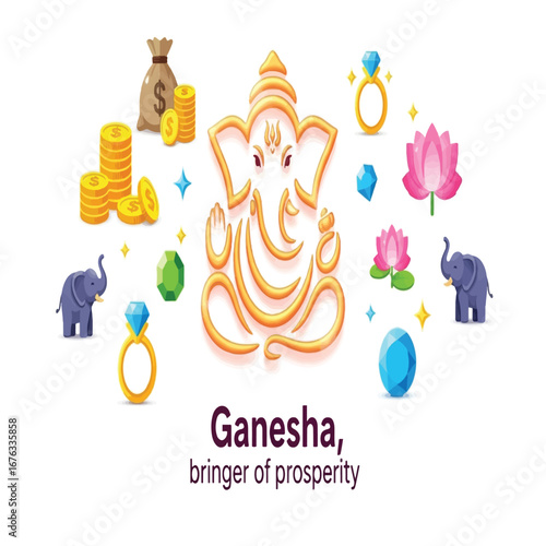 Line art illustration of Ganesha, Hindu god, surrounded by symbols of prosperity and wealth.