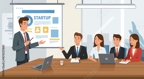 Startup pitch: entrepreneur presenting idea to investors in modern office space
