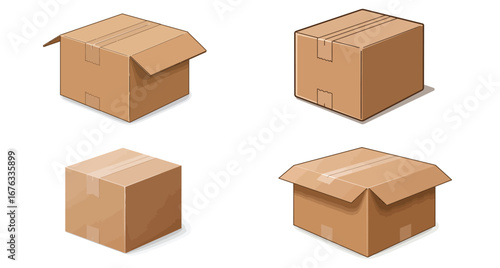 Isometric cardboard boxes on white background with multiple packaging positions