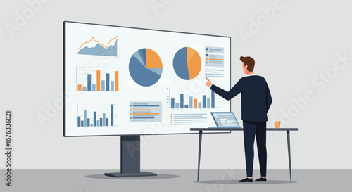 Financial analysis presentation with graphs and charts on a large screen