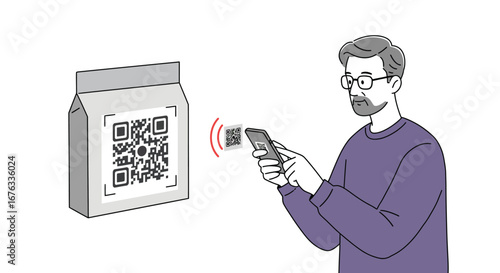 Mature man scans a qr code on a package with his mobile device illustration