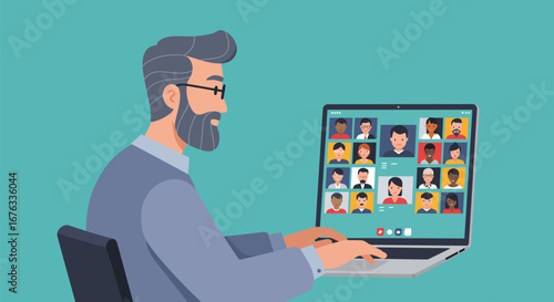 Professional attends virtual meeting, engaging with diverse team members