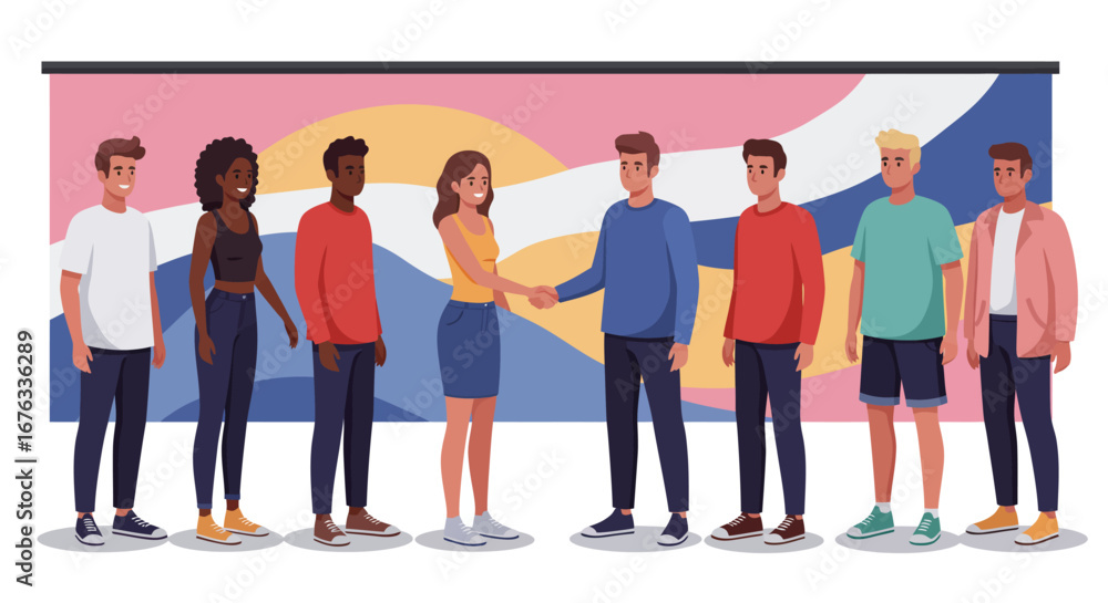 Fototapeta premium Diverse group of young adults shaking hands, symbolizing collaboration and teamwork against an abstract background.