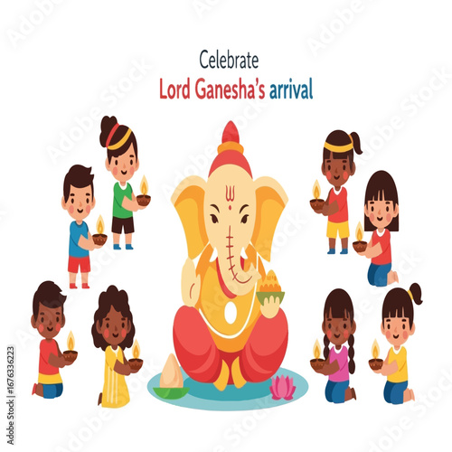 Diverse children celebrate Lord Ganesha's arrival with diyas and offerings, a vibrant illustration of a Hindu festival.