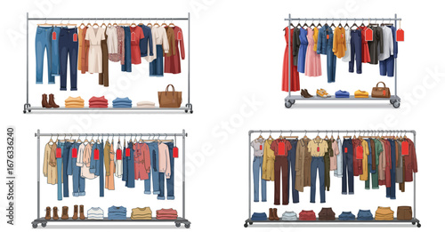 Assortment of clothing on rolling racks against a stark white backdrop