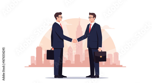 Two businessmen shaking hands, cityscape backdrop, successful deal, partnership agreement.