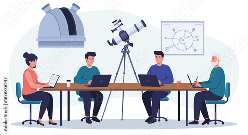 Team of astronomers collaborating on research, using laptops and advanced telescopes.