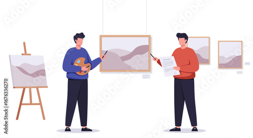 An artist presents his minimalist landscape paintings to a curator at an art gallery exhibition.