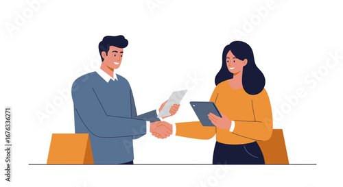 A man and woman shake hands over a desk, finalizing a business deal with a document and a tablet.
