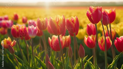 Vibrant Red and Yellow Tulips Blooming in Sunny Field with Golden Light and Lens Flare, Celebrating Spring Beauty