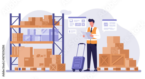 Warehouse worker managing inventory, checking checklist, amidst stacked boxes and shelves.