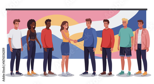 Diverse group of young adults shaking hands, symbolizing collaboration and teamwork against an abstract background.
