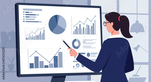 Business professional analyzing financial data on a large computer screen display